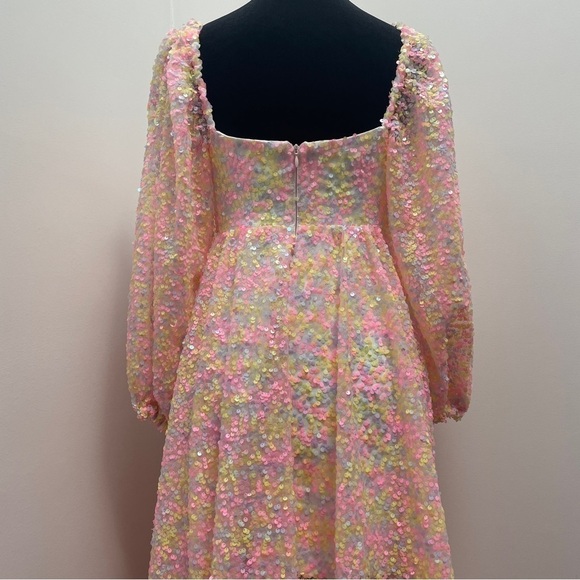 Selkie- Rainbow Sequin Princess Gown Size XS 3/4 Sleeve Sweetheart Maxi Dress - Picture 13 of 16